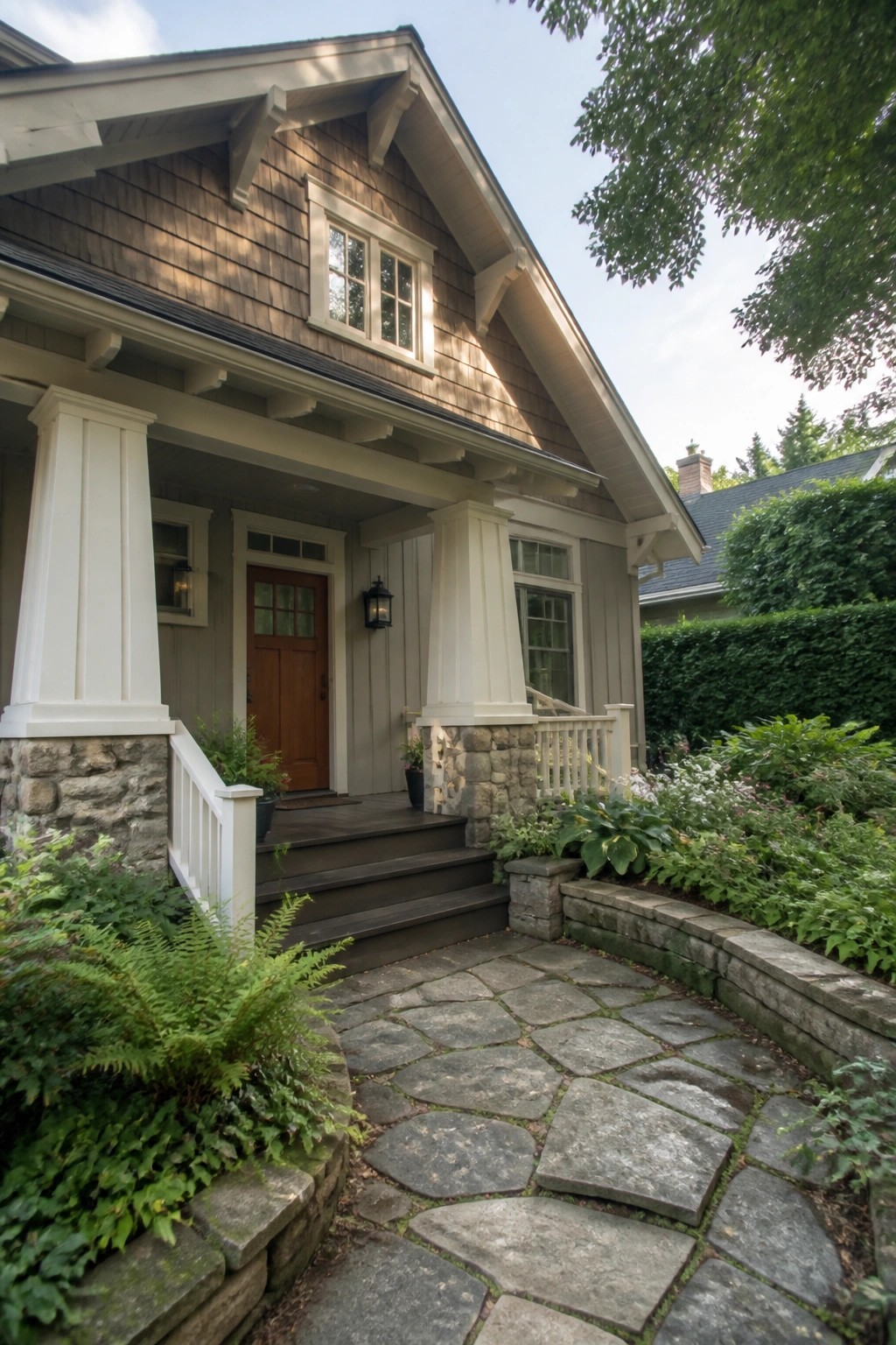 A traditional home with beige siding and stone porch columns.