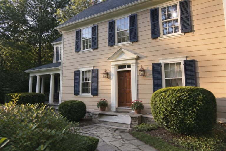 19 Classic Beige Exterior House Colors for Traditional Suburban Homes Yellow house with black shutters, wooden door, potted red flowers, and cobblestone path