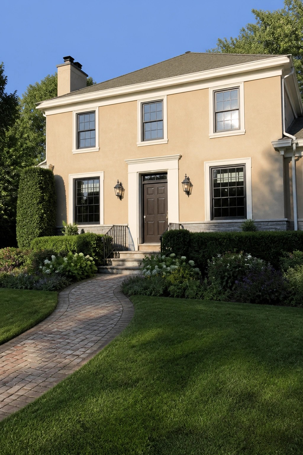 Beige two-story house with brown door, brick walkway, and landscaped garden.