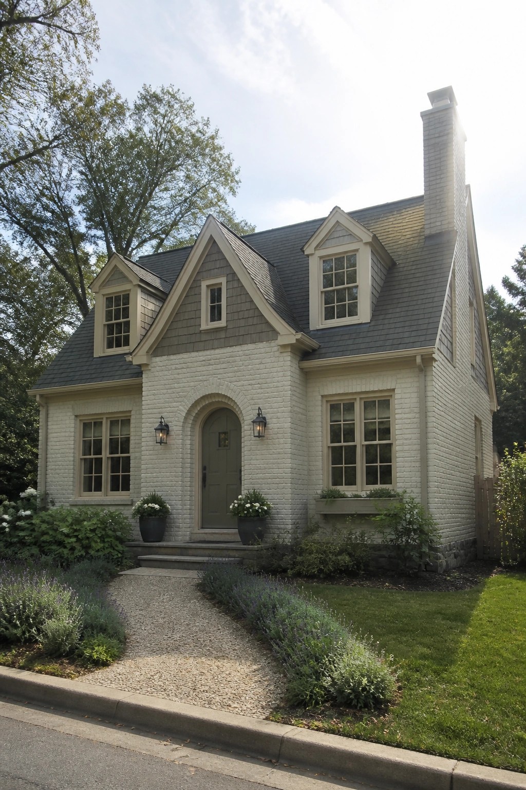 White brick house with gray roof, dormers, arched entry, and garden path.