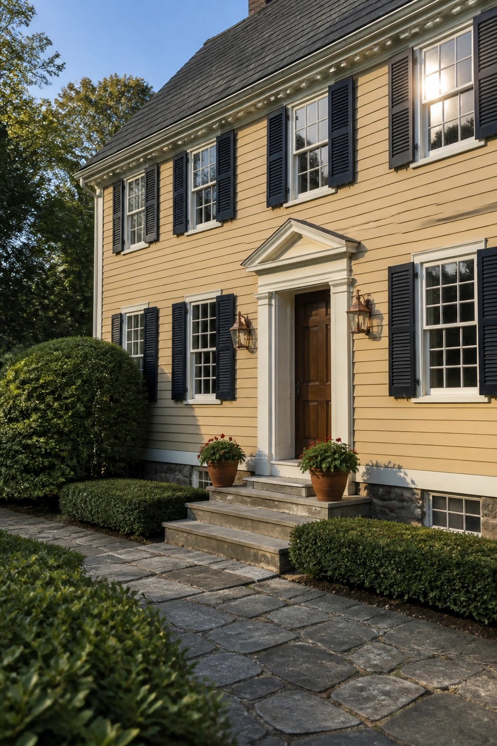Yellow house with black shutters, wooden door, potted red flowers, and cobblestone path