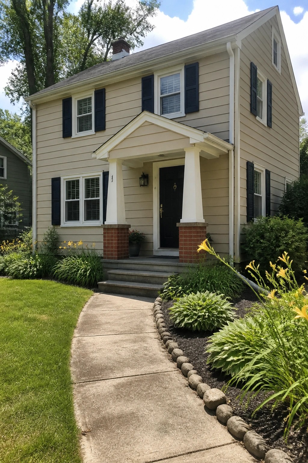 Beige siding on a two-story traditional home with red brick porch columns.