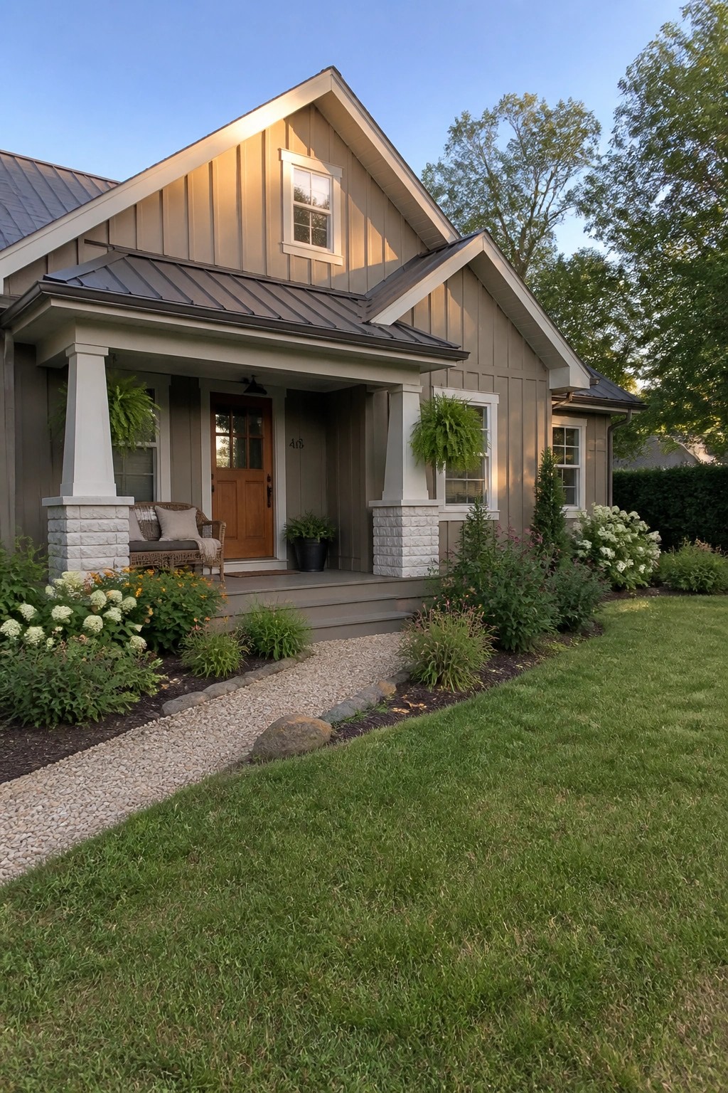 Beige house with porch, stone pillars, wooden door, flower garden, and green lawn.