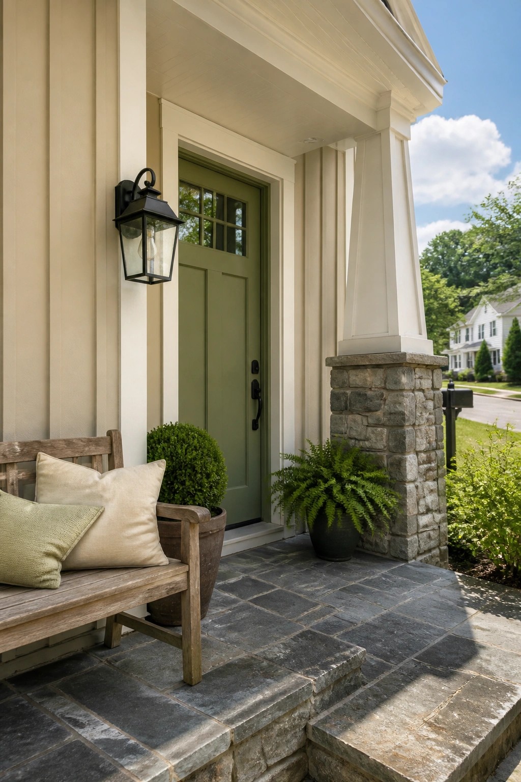 Warm beige house siding next to a stone column on a traditional porch.