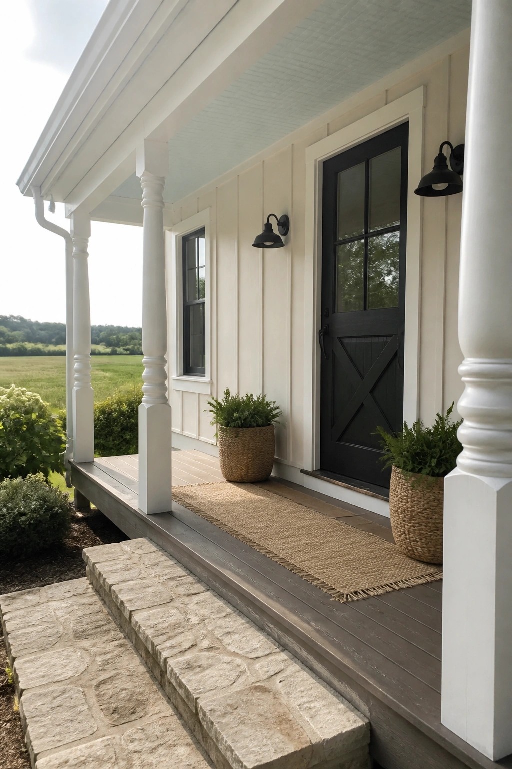 Traditional house exterior with light warm beige siding and stone steps.