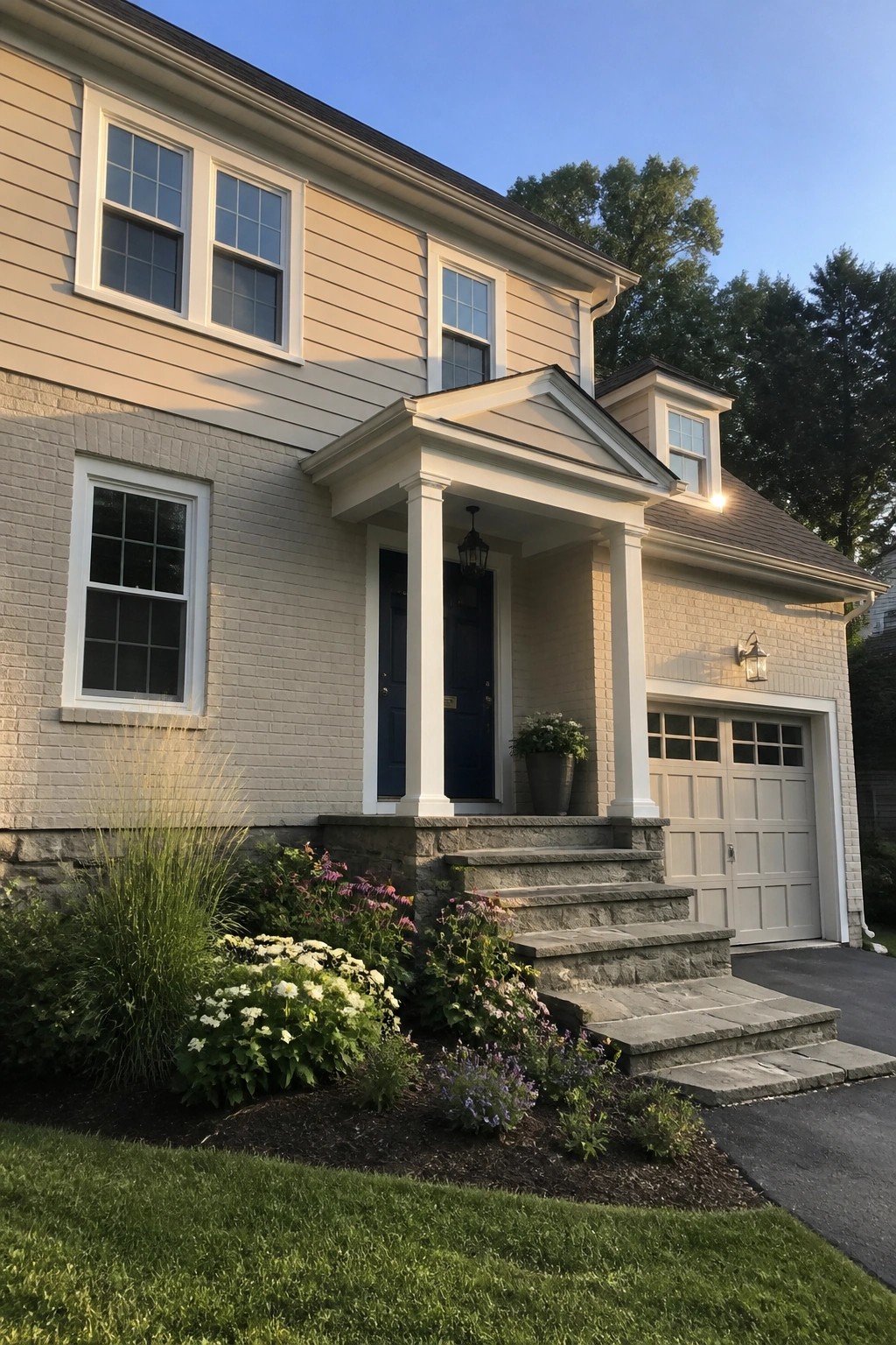 Two-story beige house with white columns, blue door, stone steps, and garage.