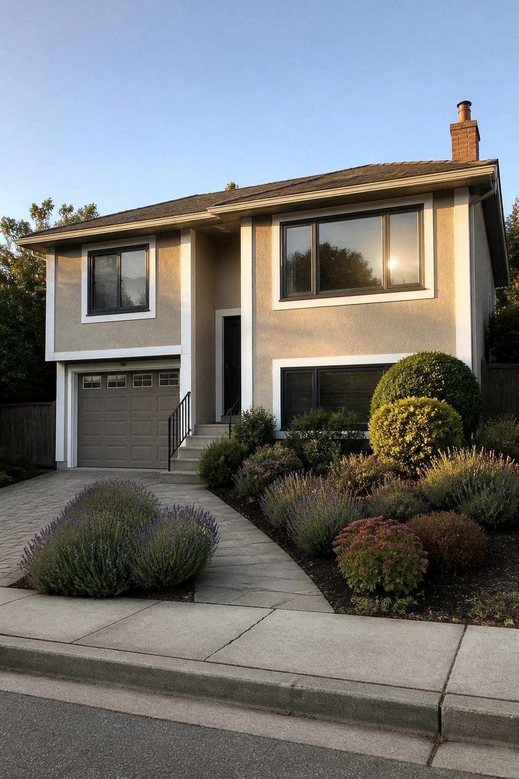 A two-story suburban house painted in warm beige with white trim and black windows.