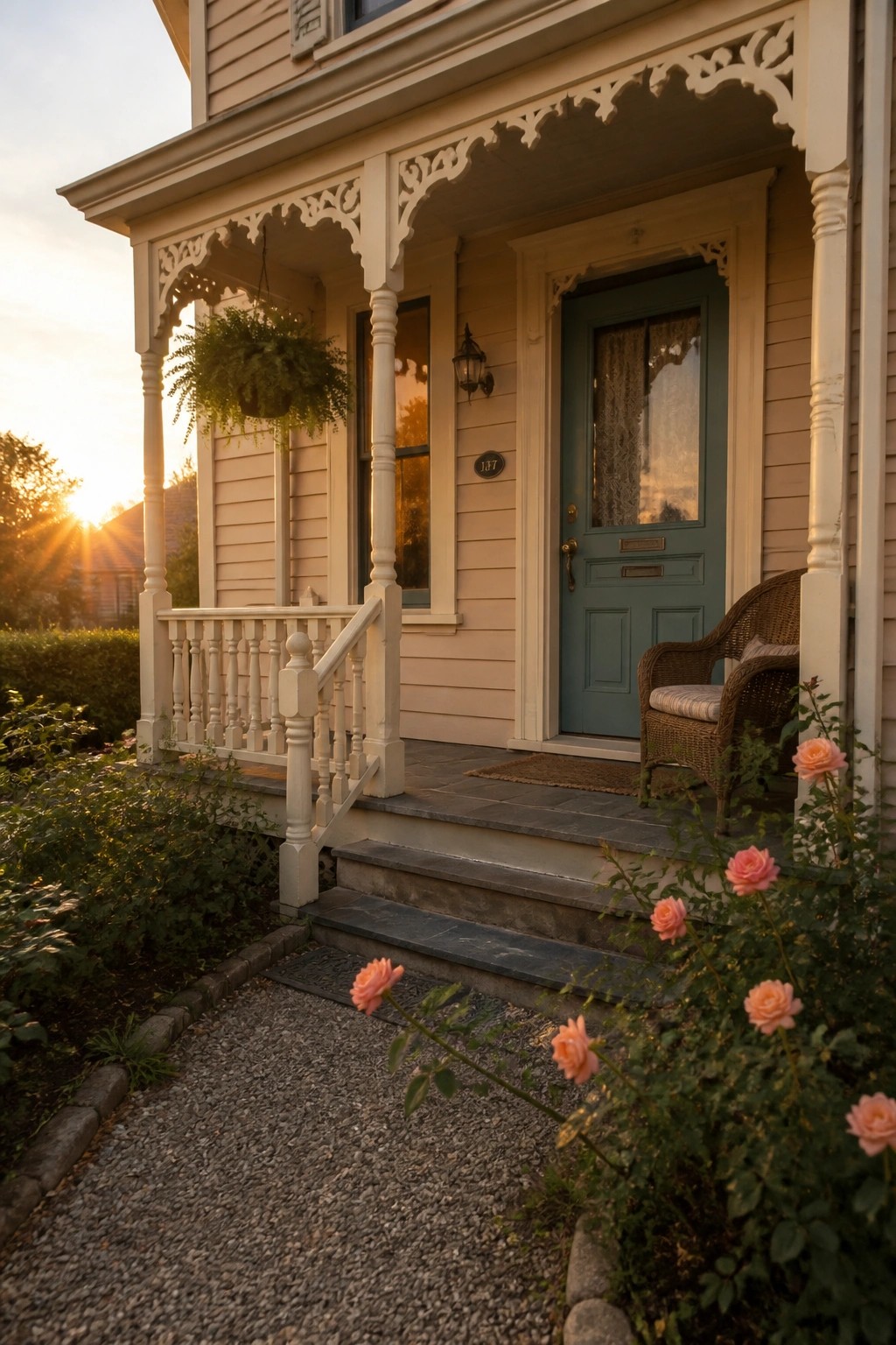 Ornate white porch with teal door, wicker chair, and pink roses at sunset.