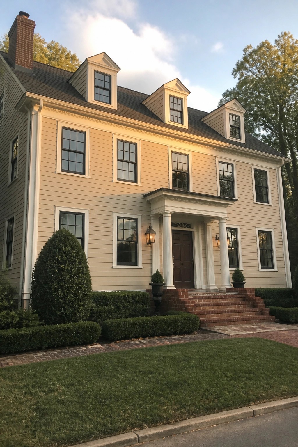 A two-story traditional house painted in warm beige siding with white trim and columns.