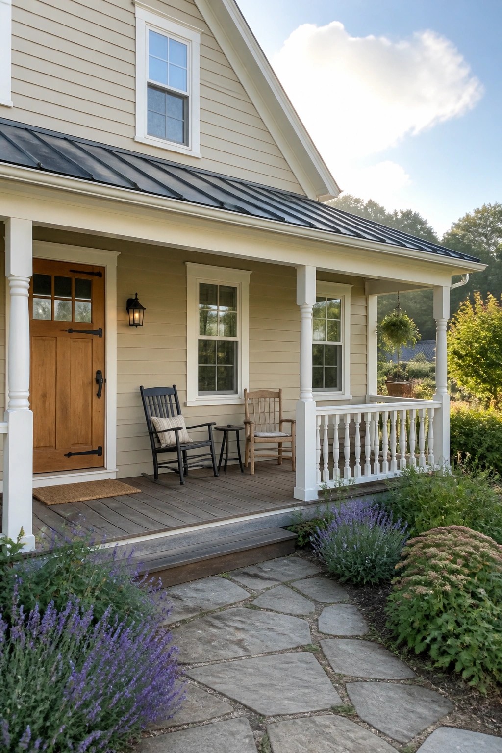 Beige house siding with white trim on a traditional suburban home.
