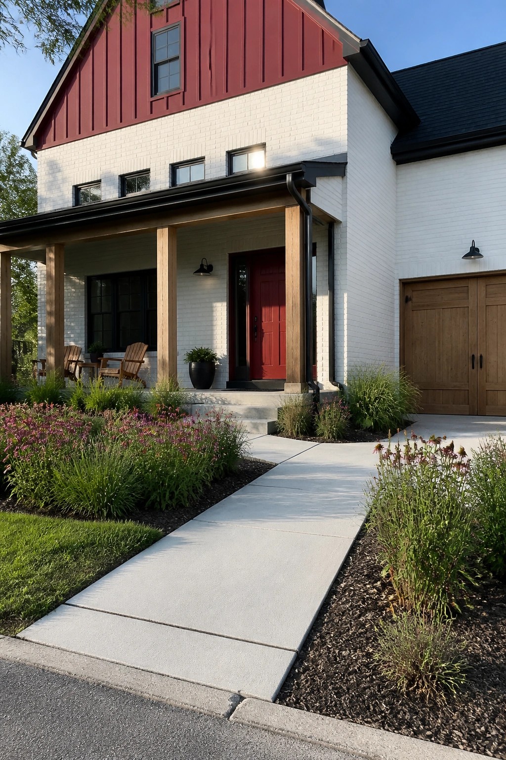 Modern farmhouse with red door, white brick walls, wooden porch, and flower garden.