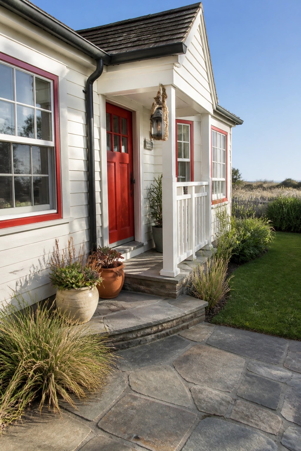 White house exterior with bright red door and red window frames, stone steps, and a small front porch.
