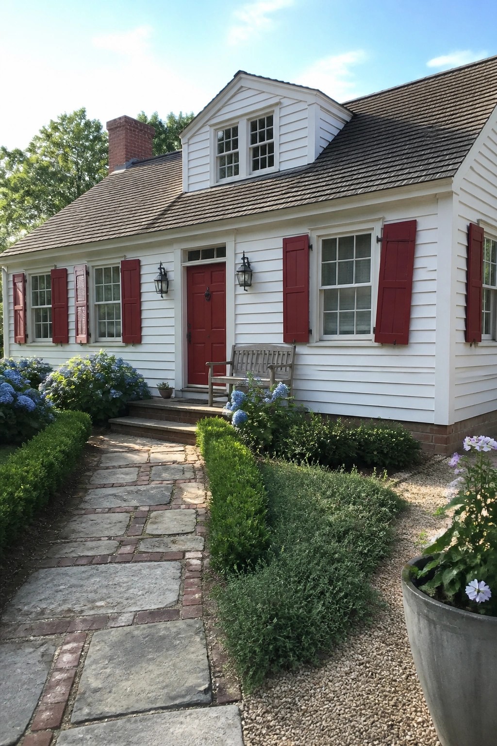 A white house with red shutters and a red front door, shown from the front with a stone path and garden beds.