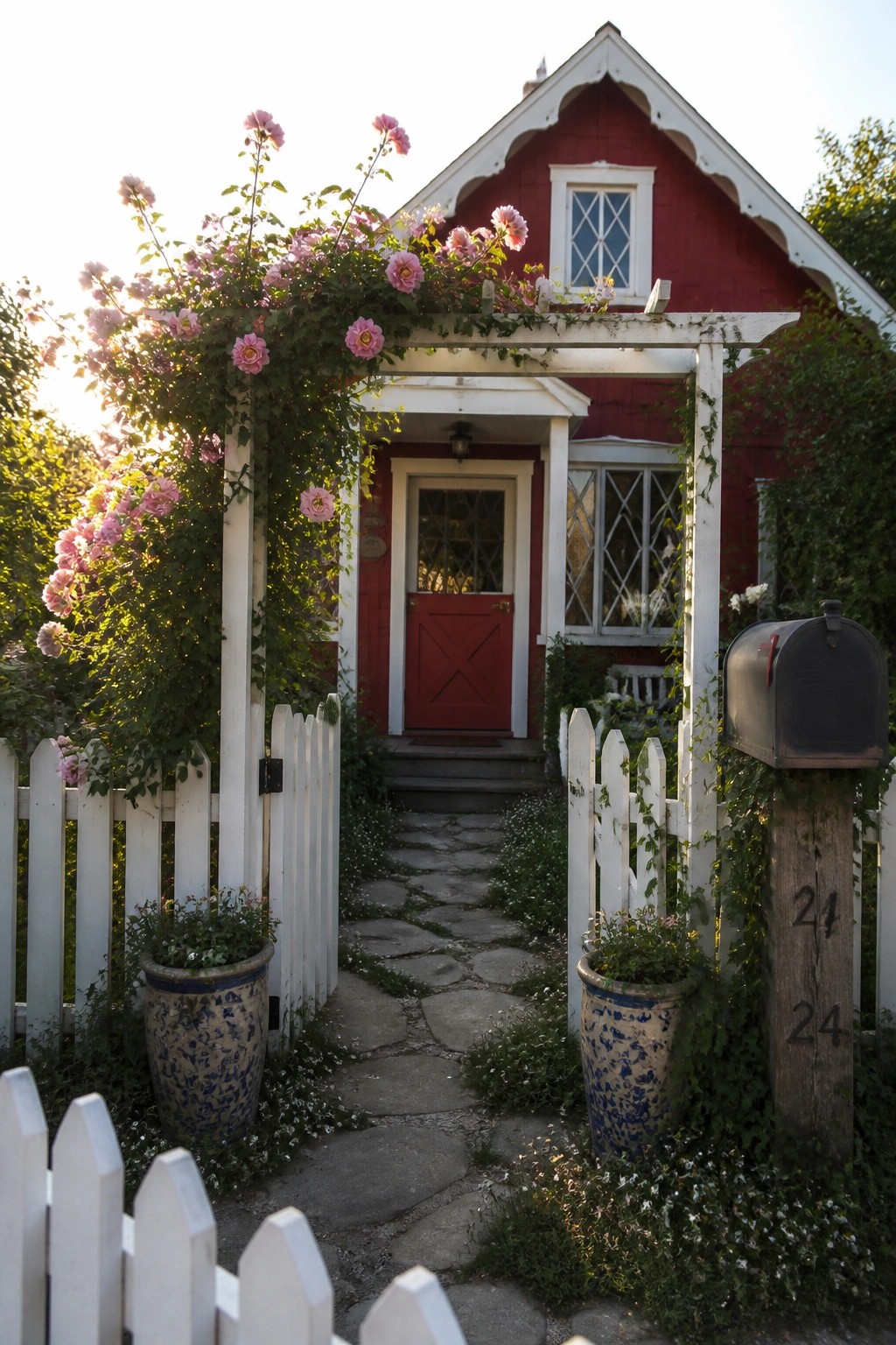 A red house with white trim has a red door, white picket fence, stone path, and climbing pink roses over the entry.