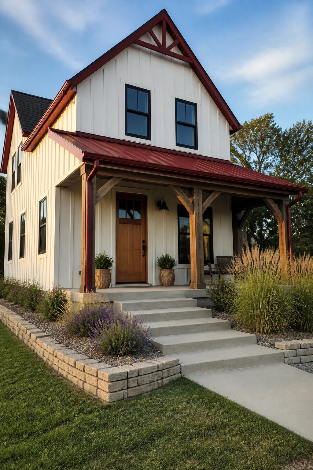 A two-story white house with red trim and a red metal roof, shown with a covered front porch, concrete steps, and landscaping.