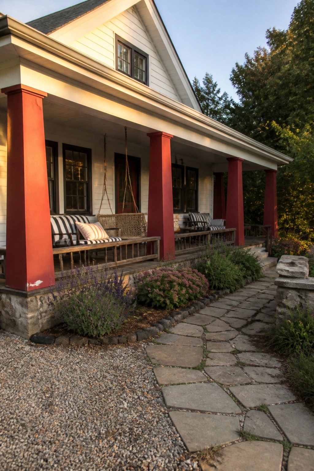 A white house exterior with a covered porch supported by bright red columns, a hanging bench, and a stone pathway in the foreground.