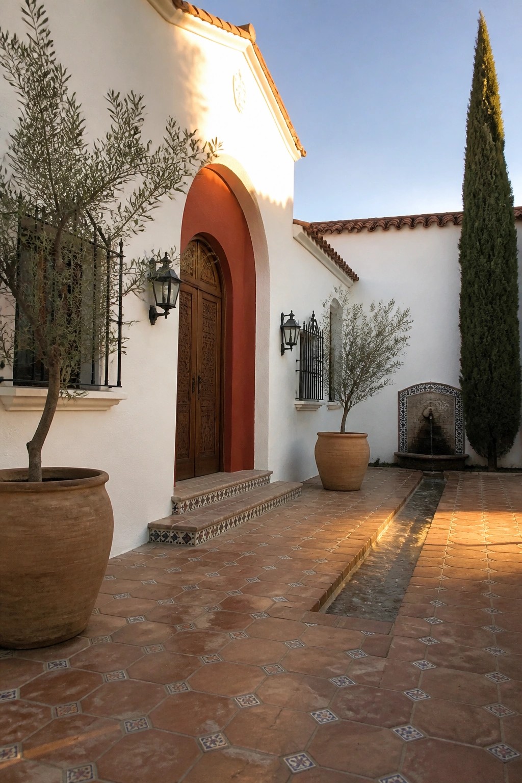 A white stucco house exterior with a red arched wooden door, terracotta tile courtyard, potted trees, and a small fountain.