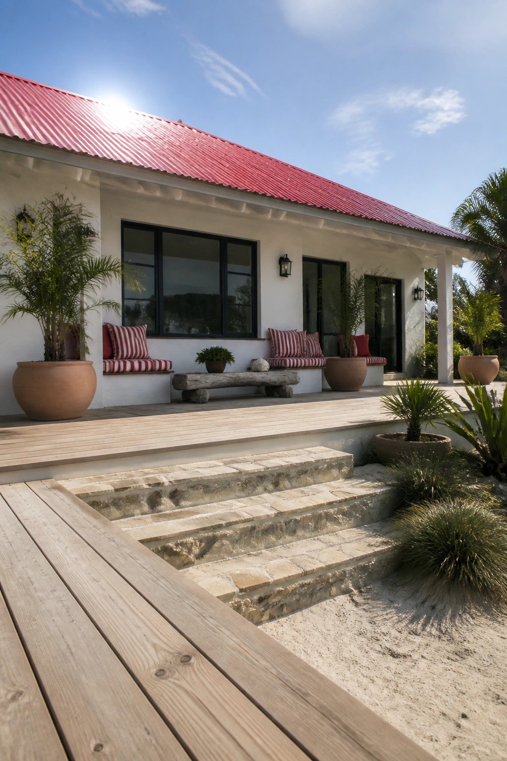 A white single-story house with a red corrugated metal roof, black-framed windows, built-in bench seating with red and white striped cushions, and a wooden deck with stone steps.