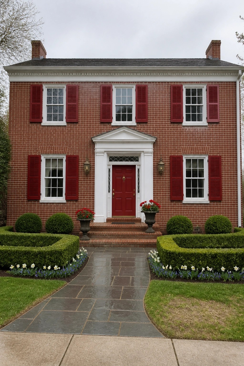 Red brick colonial house with red door, shutters, white trim, and manicured hedges.