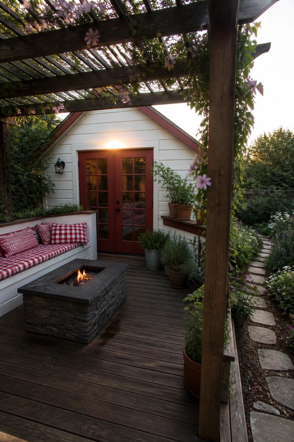 Cozy wooden deck with fire pit, checkered bench, and vine-covered pergola at dusk