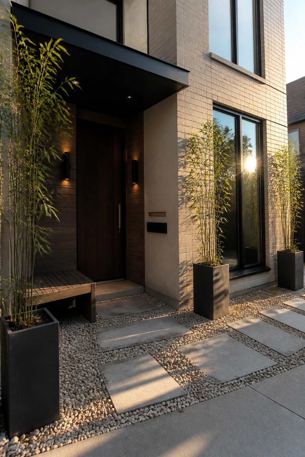 Modern beige brick house entrance featuring a dark door, black-framed windows, and potted plants beside a gravel path with stepping stones.