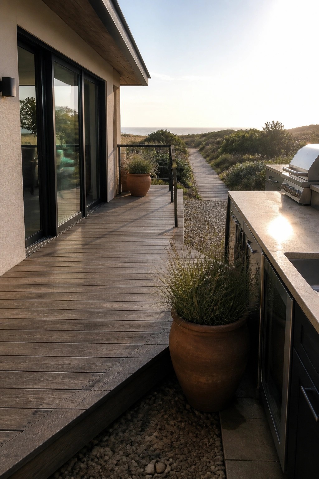 Modern deck with outdoor kitchen, terracotta pots, and boardwalk to ocean