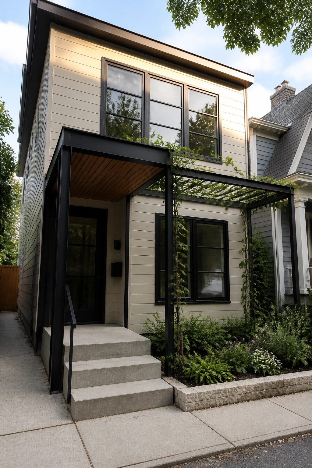 A modern two-story beige house with black-framed windows, a black metal entry canopy, and concrete front steps.