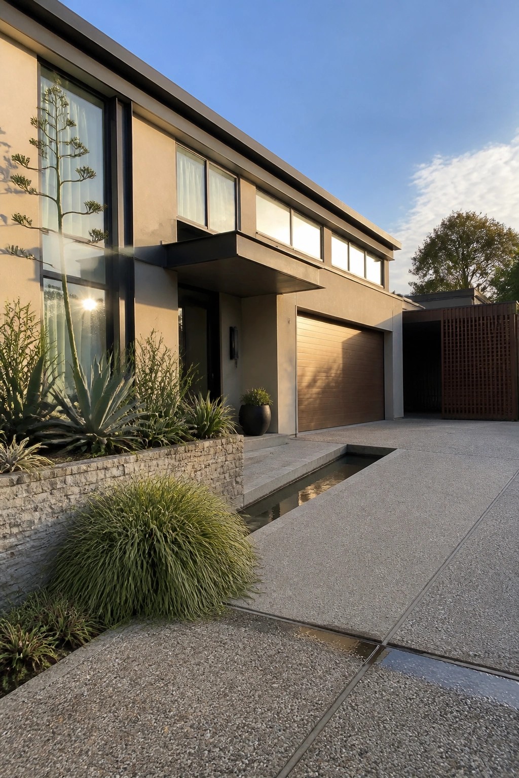 Modern two-story house with large windows, garage door, water channel, and desert plants.