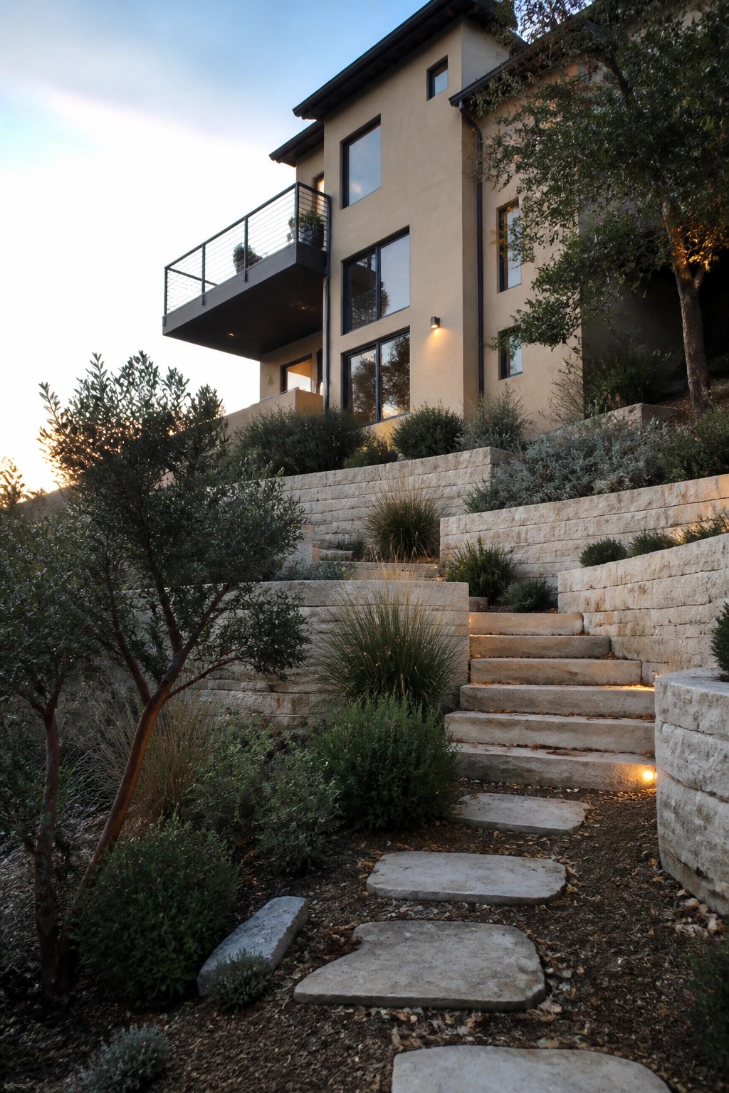 A modern two-story beige house with black-framed windows, a cantilevered balcony, and terraced stone walls with a stone path leading up the slope.