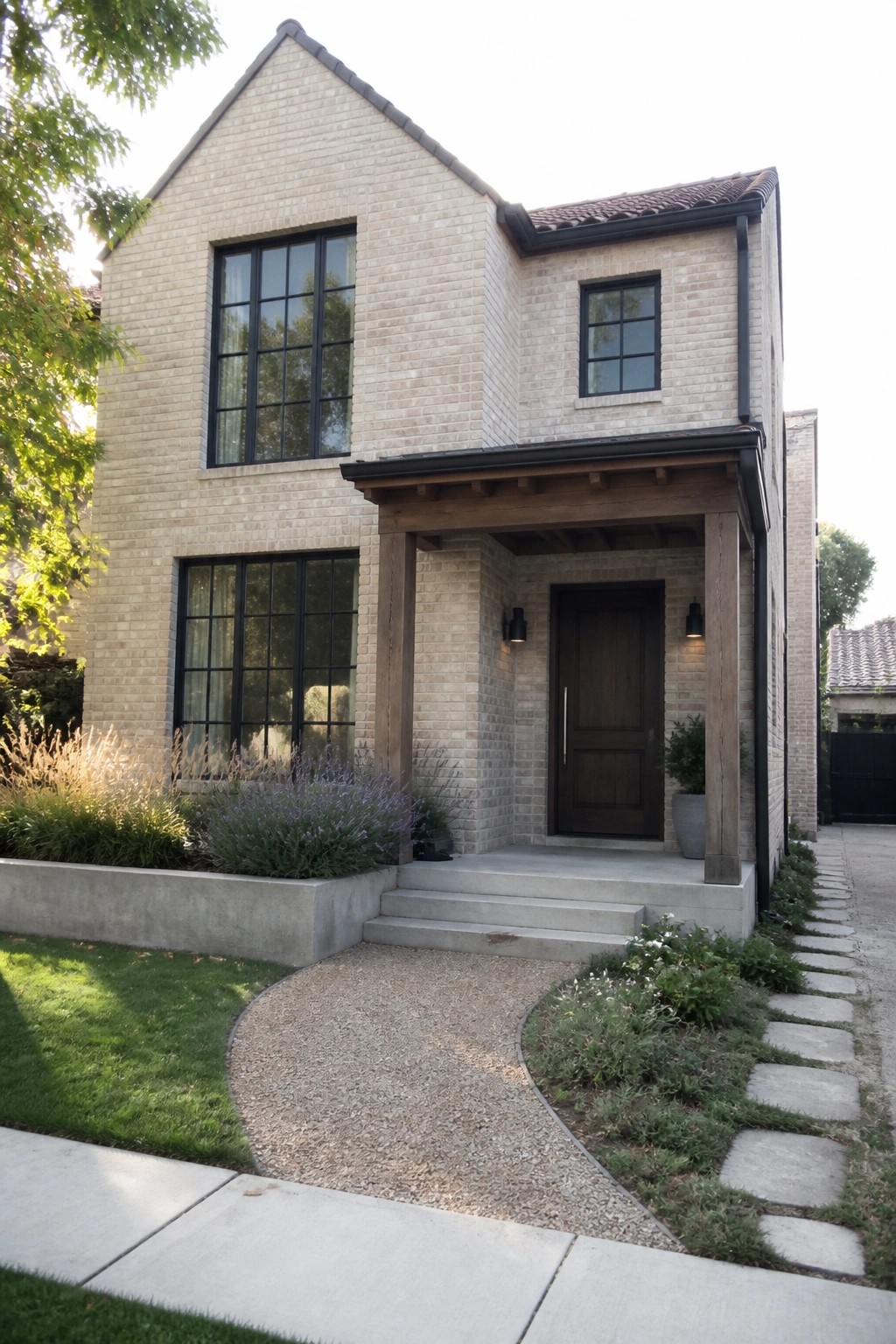 Two-story beige brick house with dark windows, wooden porch, and gravel pathway.
