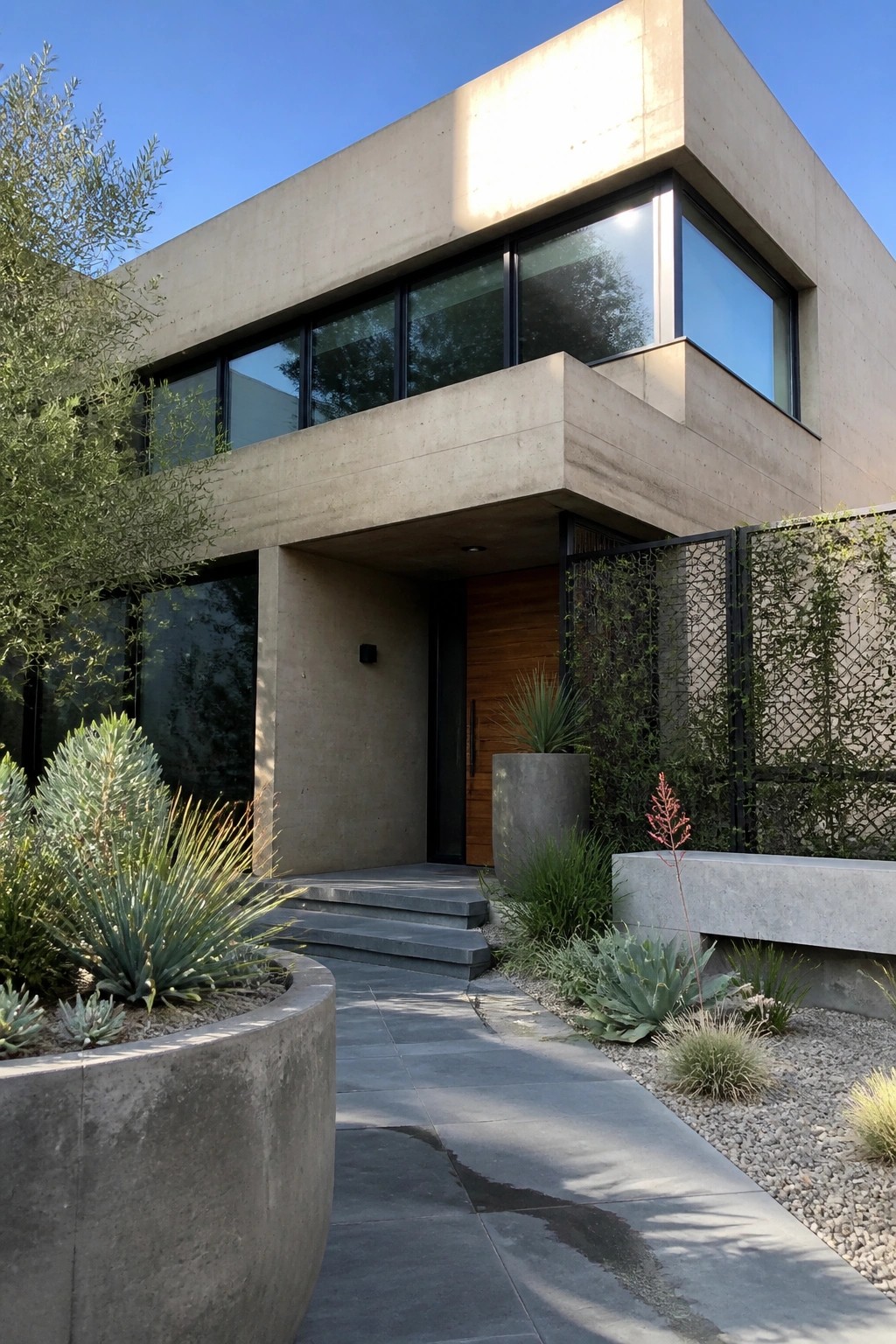Modern concrete home with large windows, wooden door, concrete planters, and stone pathway.