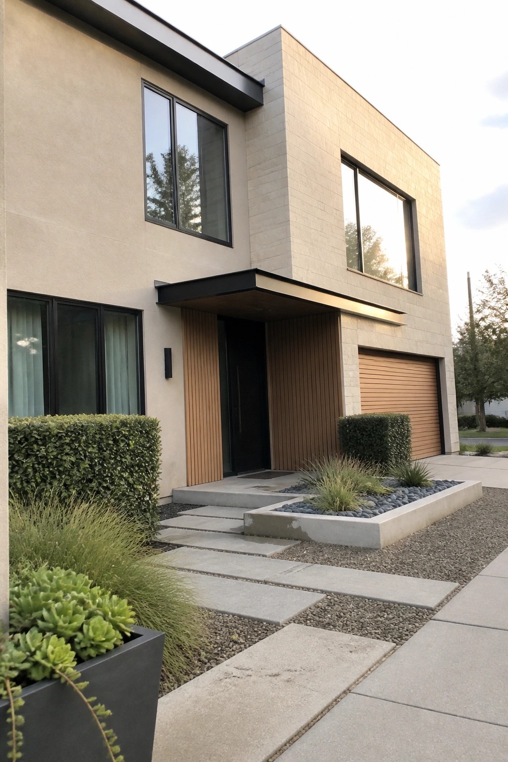 A modern two-story beige house with black-framed windows, a recessed entry, and a wood-paneled garage door.