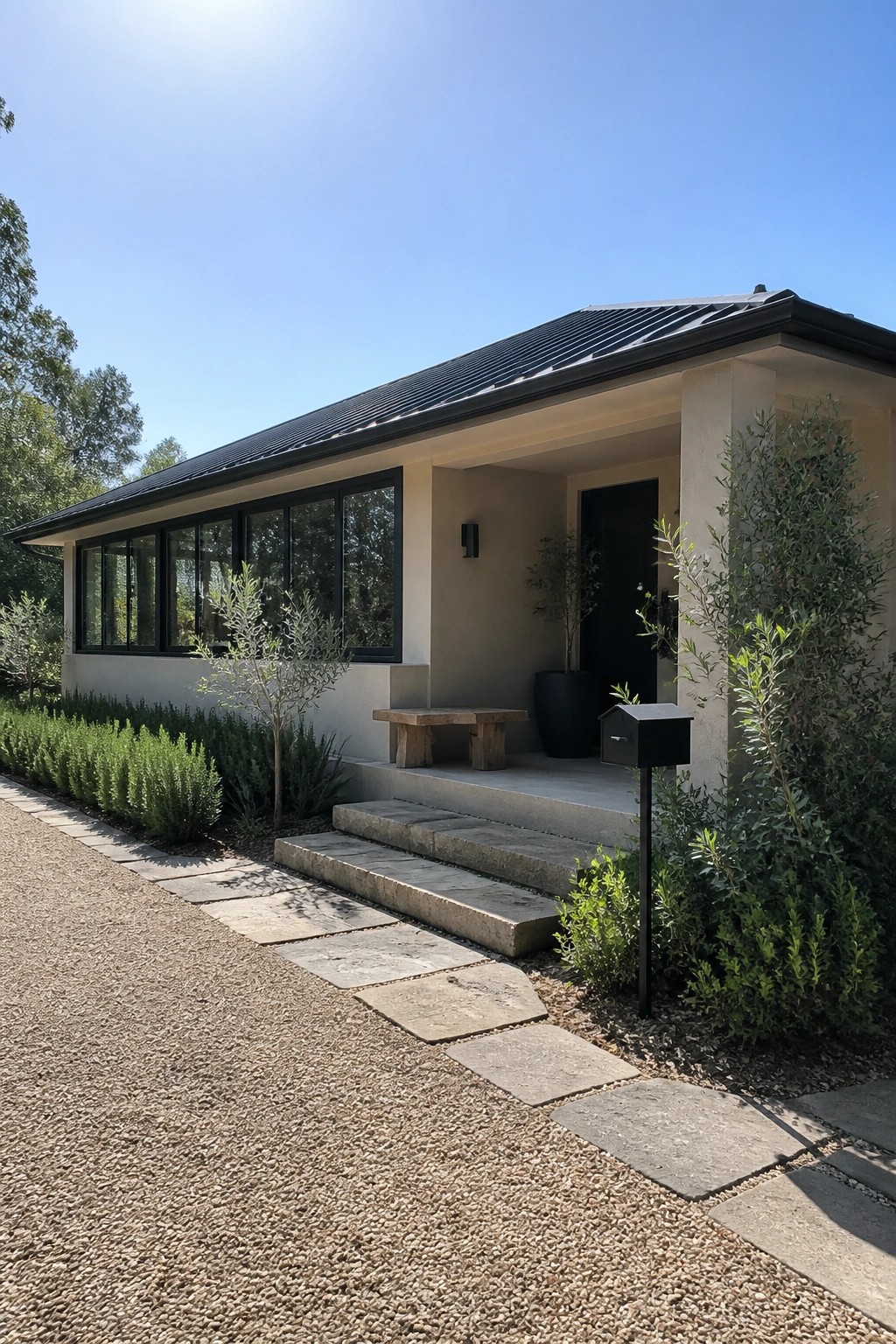 A single-story beige house with black-framed windows, a black front door, concrete steps, a gravel path, and low green shrubs along the front.