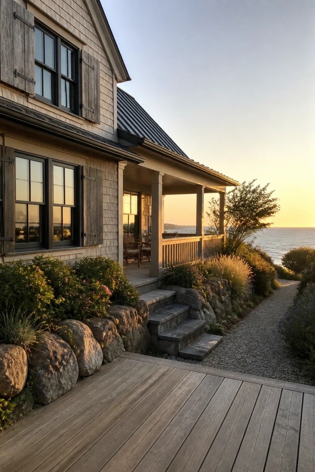 A beige shingled house exterior with black-framed windows, a covered porch, and stone steps leading to a gravel path by the water.
