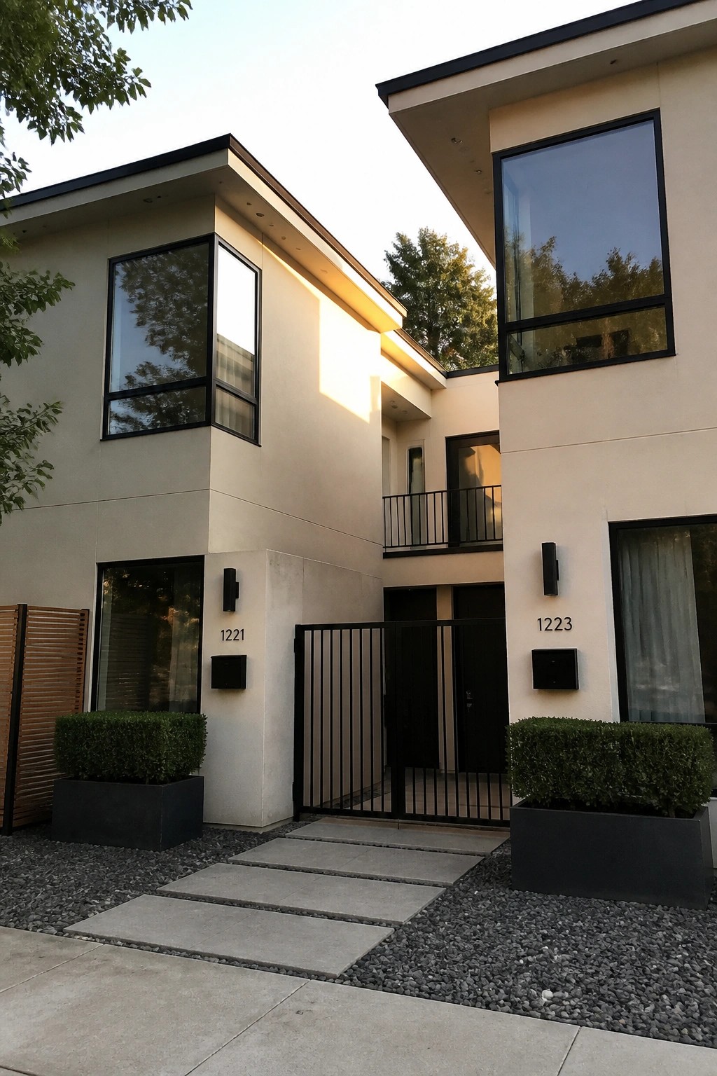Modern beige townhouses 1221 and 1223 with black windows, gates, and steps.