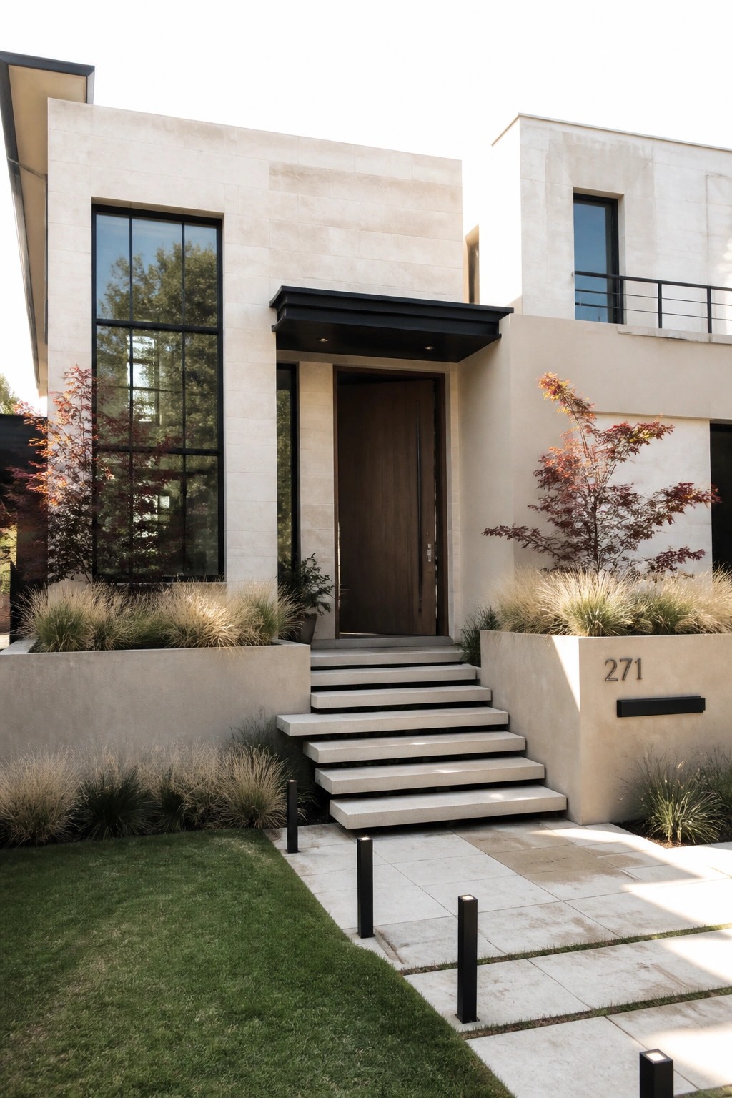 A modern beige house exterior features black-framed windows, a dark wooden front door under a small black canopy, and concrete steps leading up from a paved walkway with landscaping on both sides.
