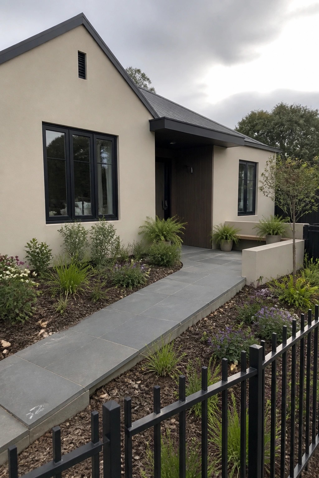 Modern single-story beige house exterior with black-framed windows, dark roof, and stone pathway leading to the front door.