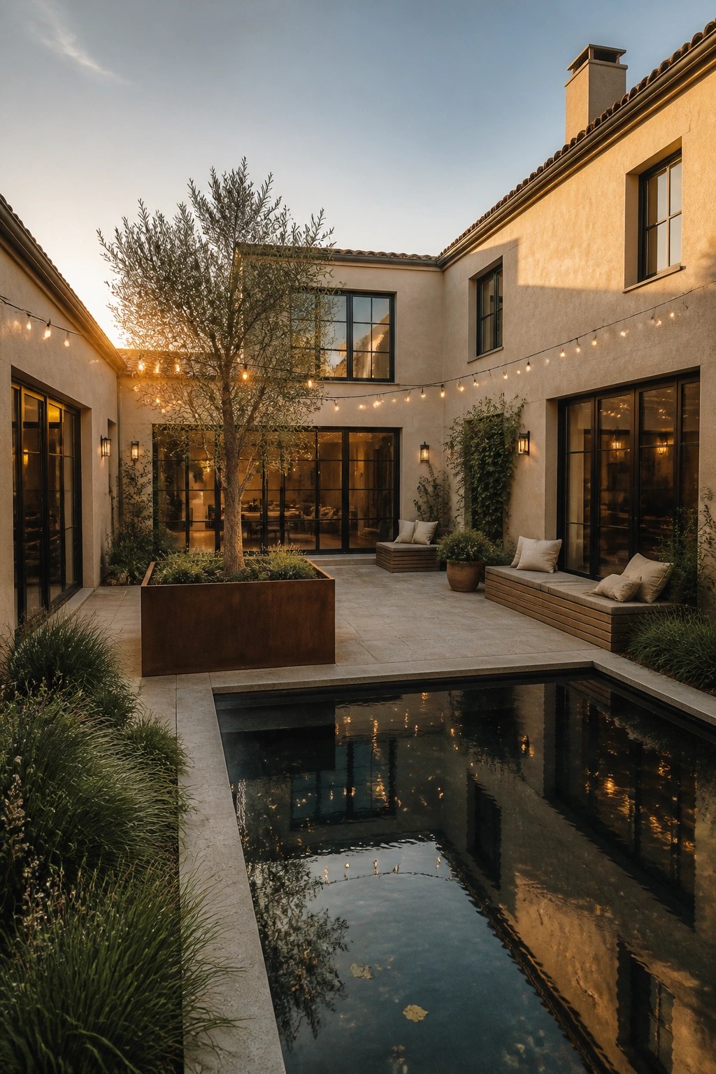 A modern beige stucco house courtyard featuring a rectangular pool, built-in wooden bench seating with cushions, a large central tree planter, string lights, and black-framed glass doors and windows.