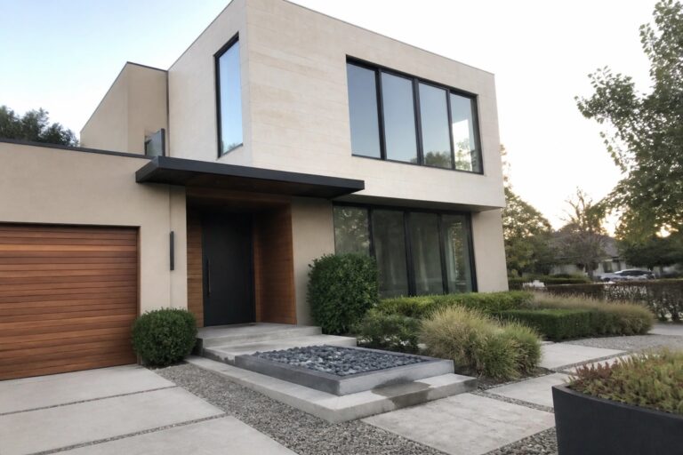 A modern two-story beige house with black-framed windows, a recessed entry, and a wood-paneled garage door.