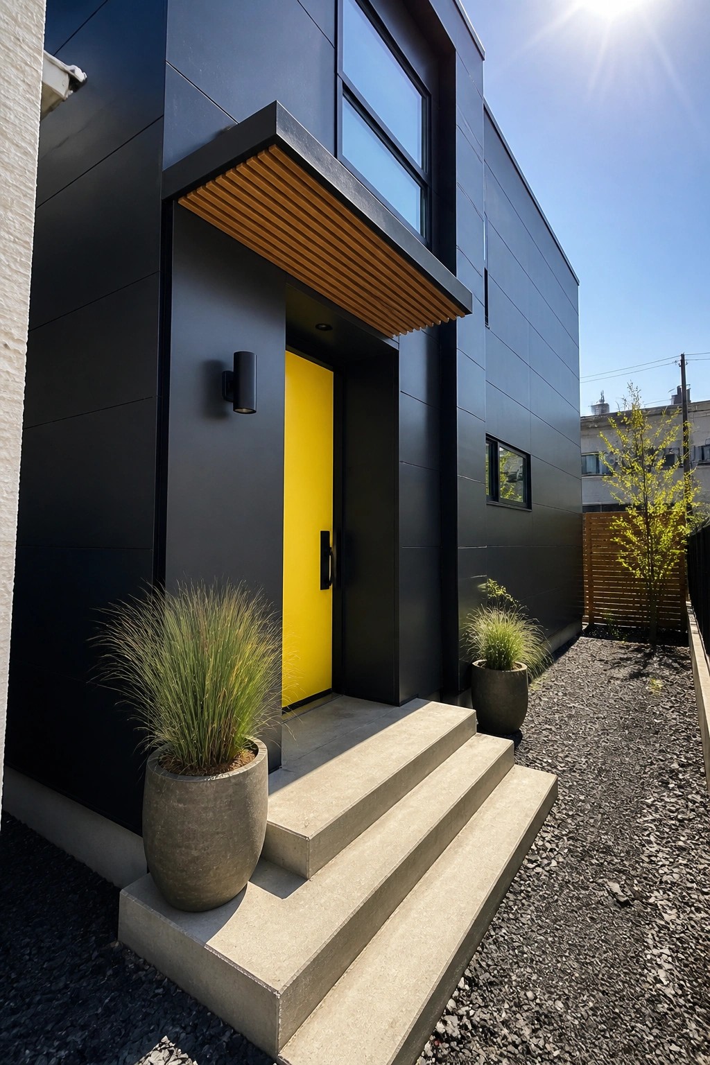 Modern house exterior with dark charcoal siding and concrete entry steps.