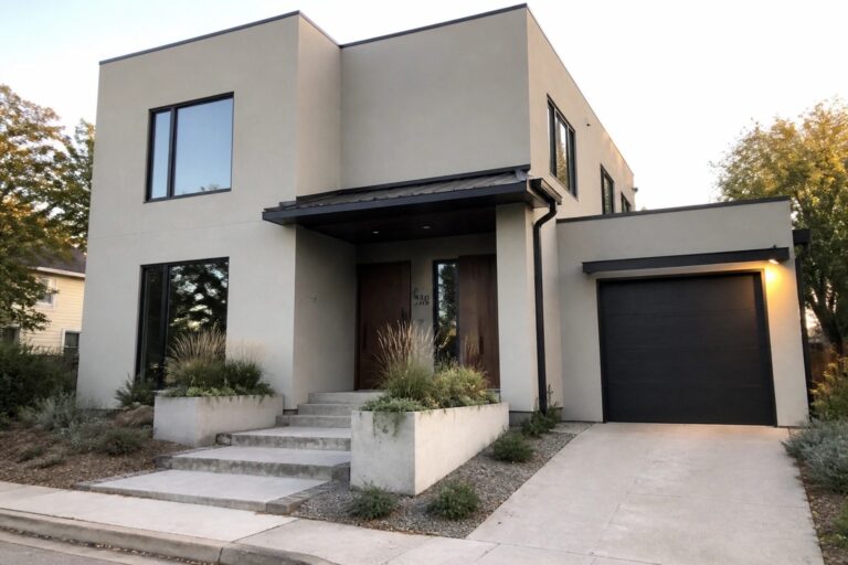 Modern two-story house with light warm beige siding and dark windows.