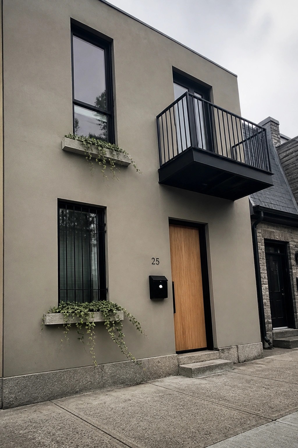 Modern house exterior painted in a muted greige with black balcony and windows.