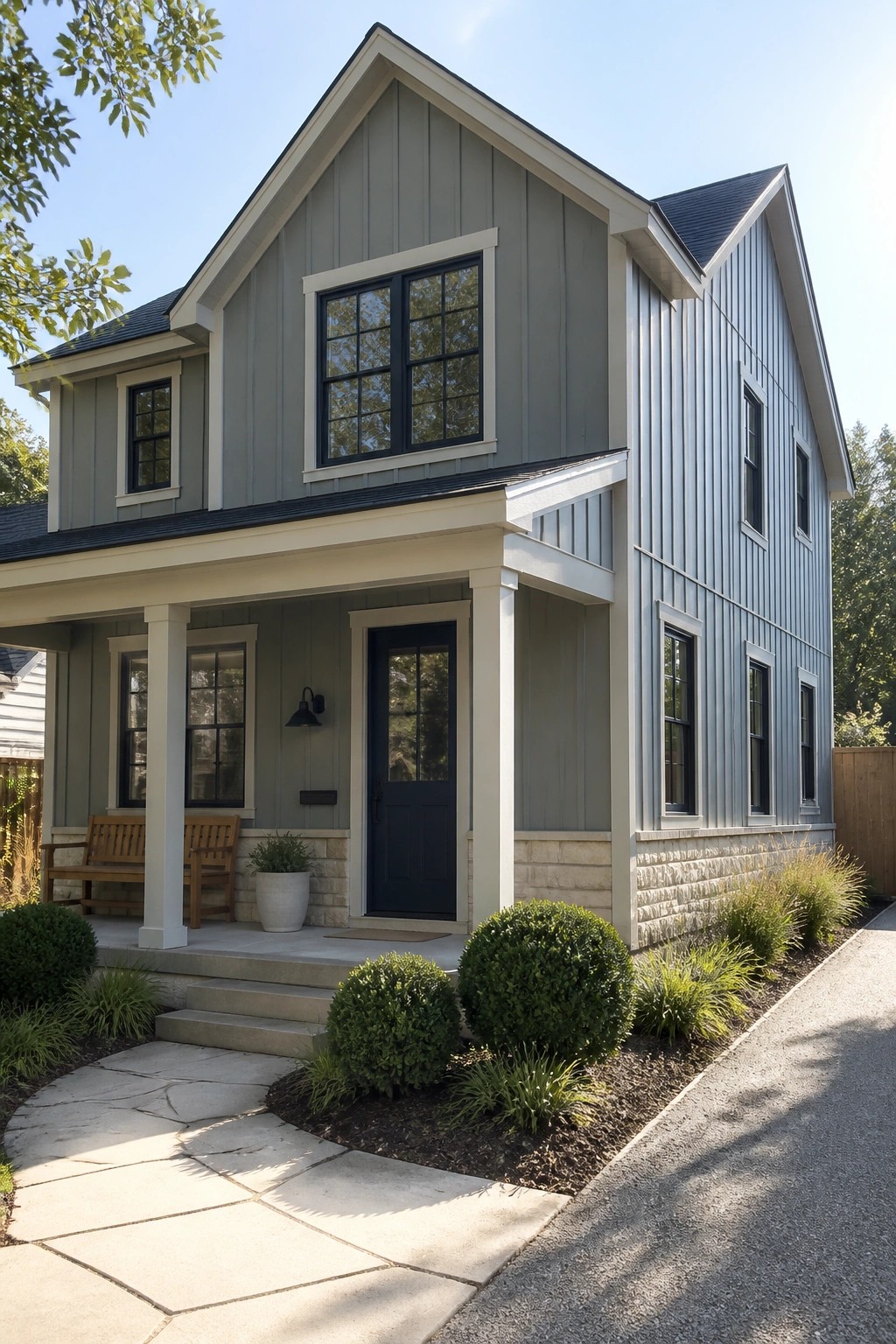 A two-story house with soft blue gray siding, white trim, and a stone foundation.