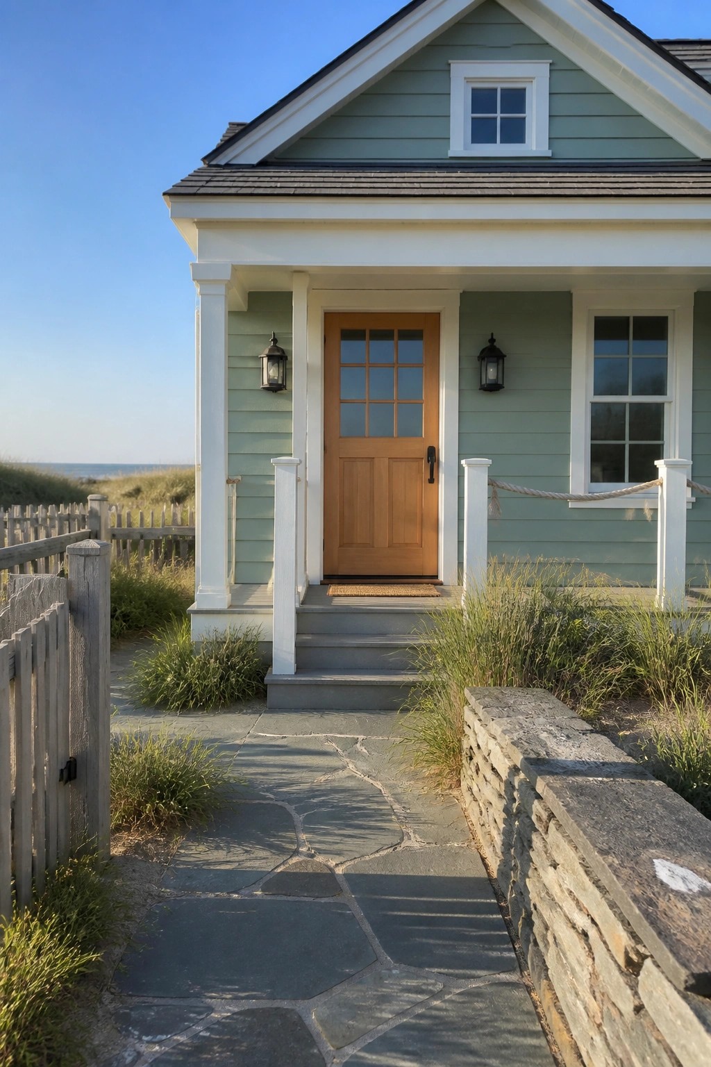 Light sage green house siding with white trim on a small contemporary home.