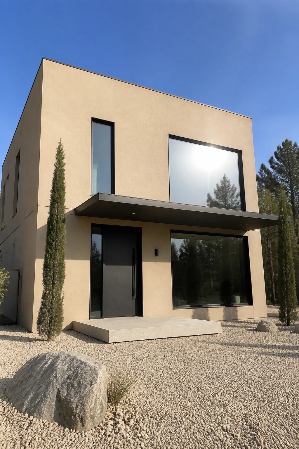 Modern beige two-story house with black-framed windows and door on gravel lot