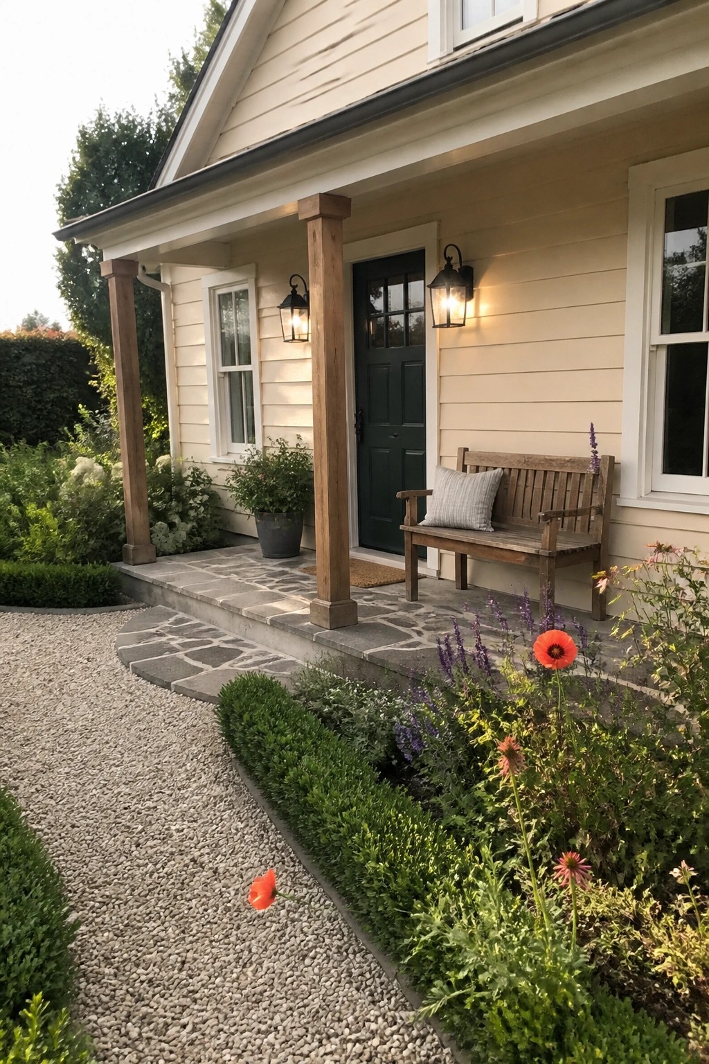 Light beige house siding on a porch with wooden posts and a stone floor.