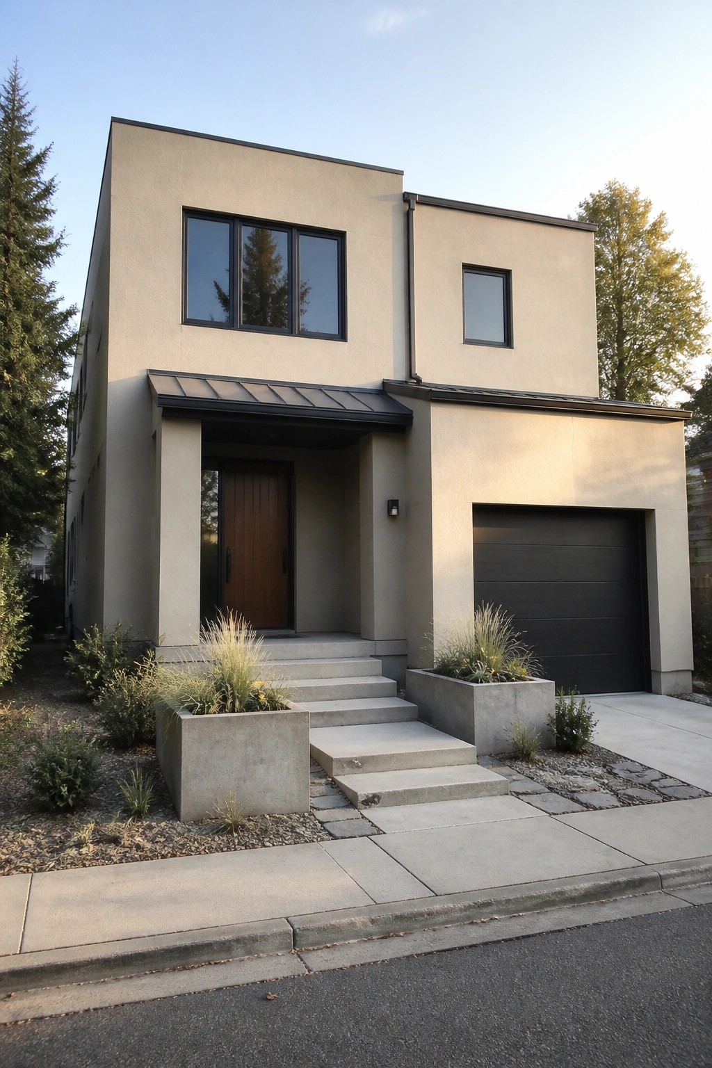Modern two-story house with light warm beige siding and dark windows.