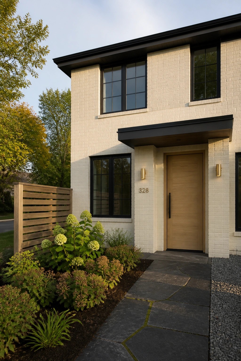 Modern white brick house with wooden door, black windows, and stone pathway.
