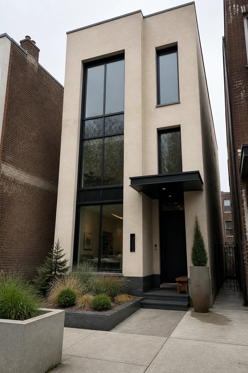 A narrow modern house clad in light beige stone with large black-framed windows, a black front door under a small overhang, and minimal landscaping at the base.