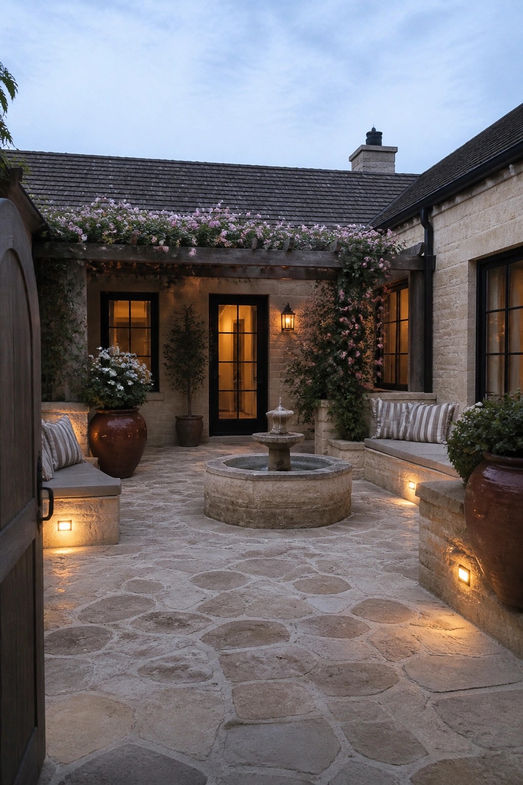 Stone courtyard at dusk with fountain, rose-covered pergola, terracotta pots, and lit benches